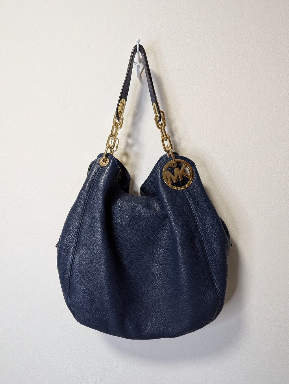Michael Kors Navy Fulton Pebbled Leather Shoulder Hobo with Gold Hardware